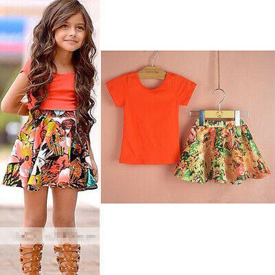 

Two-pieces Baby Girls Dress Tops T-ShirtSkirt Flower Party Outfits Set 2-8Y UK
