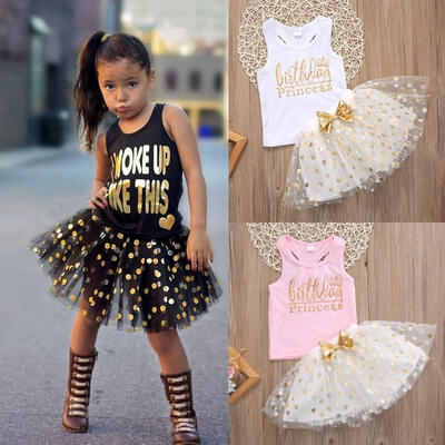 

2Pcs Children Kids Baby Girl Summer Clothes Set Vest Top T-shirt Tulle Lace Polka Dot Skirt Outfit