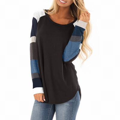 

Round neck long sleeve color block stitching womens T-shirt womens shirt