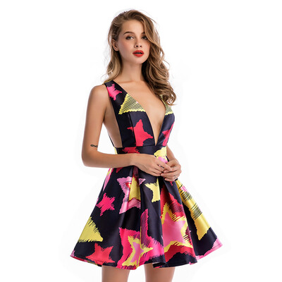

Women Summer Printed Short Dress Sleeveless Deep V Collar A-shape Sexy Casual Dress