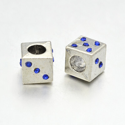 

Alloy Rhinestone Dice Large Hole European Beads Nickel Free Antique Silver 8x8x8mm Hole 5mm
