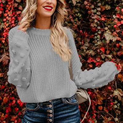 

Women Round Neck Cable Knit Long Loose Lantern Sleeve Solid Sweater Pullover Top