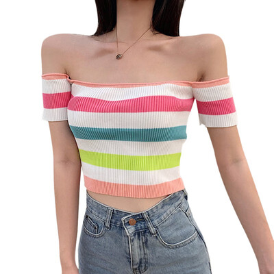 

Gril Korean Crop Tops Cotton Rainbow Printed Short Sleeve Tee Sexy Slash Collar T Shirts Kawaii Loose Streetwear