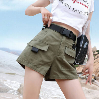 

Women Overalls Shorts Belt Pants High Waisted Pocket Shorts Casual Short Pants