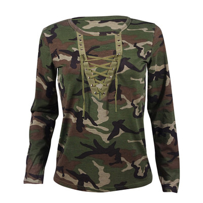 

Womens Sexy V-neck Long Sleeve Camouflage BluseCasual T-Shirt Tops