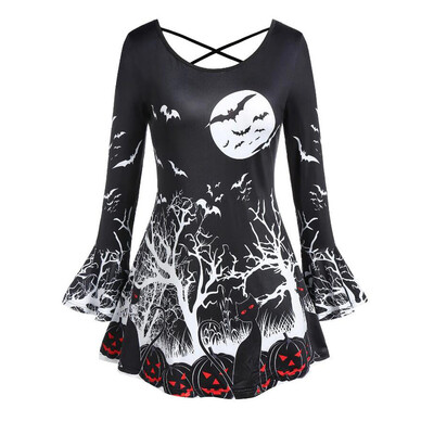 

Roseonmyhand Plus Size Women O-Neck Halloween Flare Sleeve Punpkin Cat Print T Shirt Tops