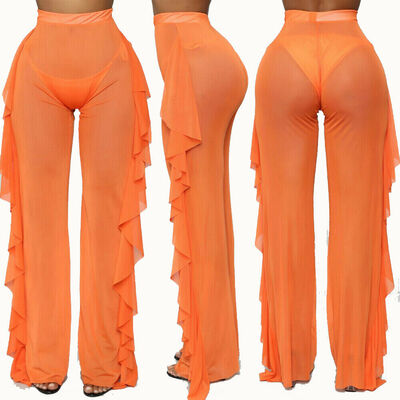 

Fashion Womens See Through Fishnet Sheer Mesh Ruffle Swimsuits Beach Bikini Cover up Lace Wide Leg Pants Swimsuit Swimwear