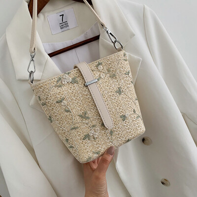 

Tailored Women Beach Lace Embroid Straw Bucket Bag Burlap Square Bag Messenger Bag