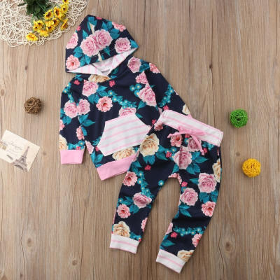 

2Pcs Newborn Baby Girl Floral Stripe Hooded Tops Pants Outfits Clothes 0-24M