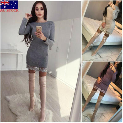

Womens Long Sleeve Mini Dress Bodycon Jersey Stretch Ladies Casual Party Dress