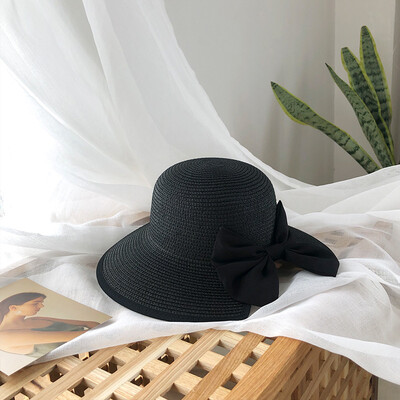 

Hat female summer brim woven straw hat folding small fresh beach bow Joker Korean sun visor