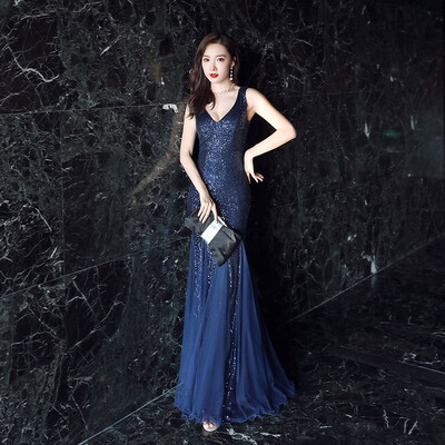 

Sexy Prom Dresses Floor-Length Sequin V-Neck Mermaid Evening Dress Female Banquet And Annual Meeting Long Dress