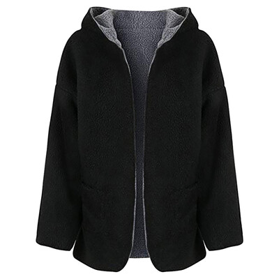 

Hooded Long Sleeve Fleece Open Front Pocket Reversible Women Coat