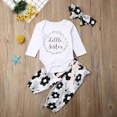 

Newborn Baby Girl Clothes Little Sister Romper Bowknot Flower Pants Outfit Set