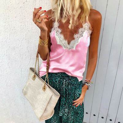 

Women Sexy Satin Silk V Neck Lace Vest Camisole Tank Vest Blouse Cami Crop Tops