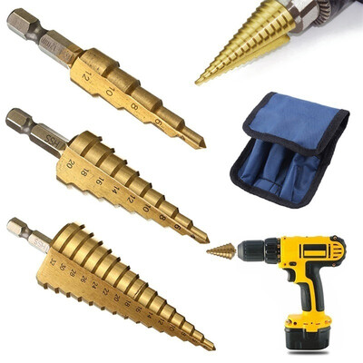 

3pcs HSS Step Cone Drill Titanium Steel Metal Hole Cutter Bit Set 12-32 Pouch