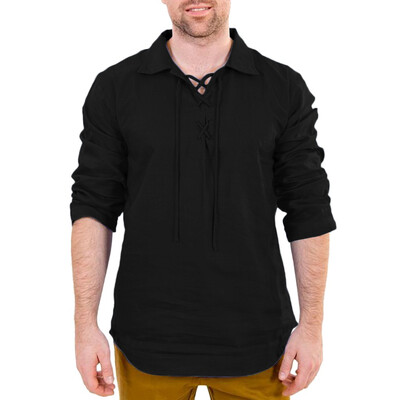 

Toponeto Mens Baggy Cotton Linen Solid Long Sleeve Drawsting Retro T Shirts Tops Blouses