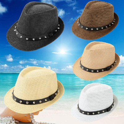 

Fashion Summer Sun Straw Men Women Panama Hat Beach Cap Rivet Belt Fedora Trilby Hat