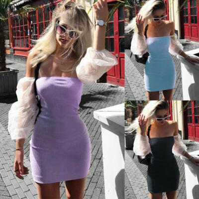 

Women Ladies Sexy Off Shoulder Dress Casual Puff Sleeve Mini Dress Package Hip