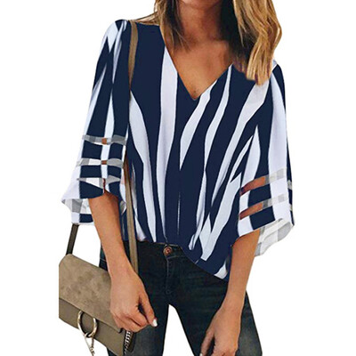 

Nomeni Womens Lady Stripe Splice V Neck Lace Patchwork Blouse Casual Loose Shirt Tops