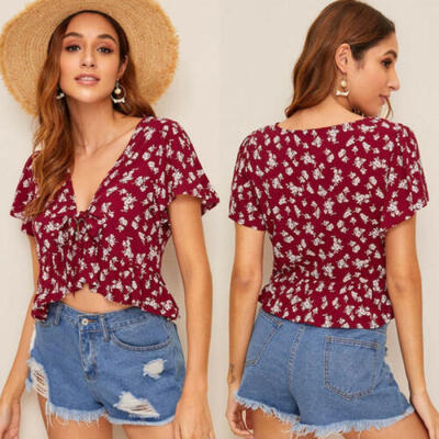 

Sexy Deep V Neck Sexy Womens Floral Print Short Sleeve Crop Tops Shirts Blouse