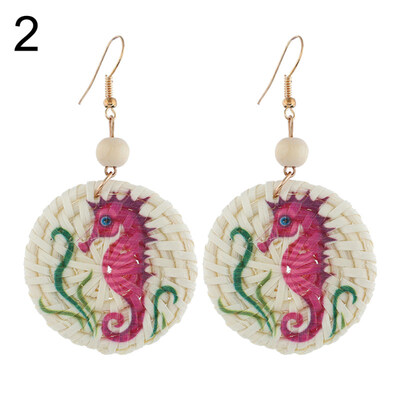 

Dolphin Seahorse Parrot Pattern Round Rattan Charm Lady Statement Hook Earrings