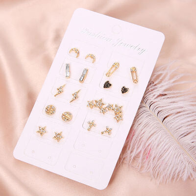 

9 Pairs Set Personality Women Lightning Cross Heart Love Moon Stars Gem Crystal Gold Party Earrings Set Combination UJ