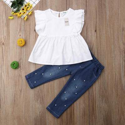 

Toddler Kids Baby Girl 100 Cotton Top T-shirt Denim Pearl Pants Outfits Clothes