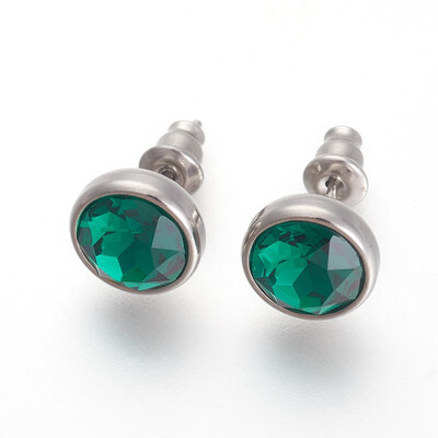 

304 Stainless Steel Stud Earrings with Rhinestone Flat Round Emerald 10x6mm Pin 09mm