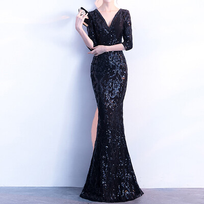 

Women Formal Half Sleeve Deep V Long Evening Dresses Floral Sequin Mermaid Dress