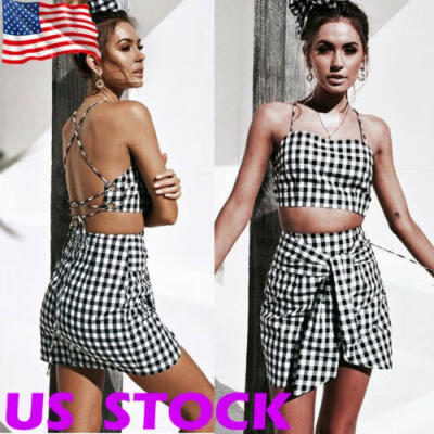 

Summer Beach Women Evening Party Short Mini Dress Skirt Crop Top Two Piece Set