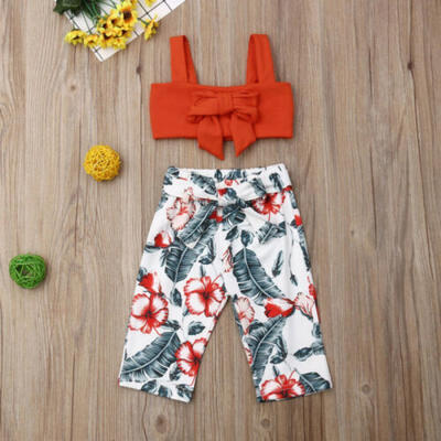 

Toddler Baby Girl Clothes Sleeveless Knot-bow Vest TopsFlower Pants Outfits Set