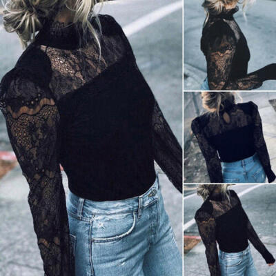 

UK New Autumn Women See-Through Sheer Mesh Long Sleeve T-Shirt Party Tops Blouse