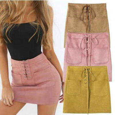 

Sexy Women Leather Suede Lace Up Bandage High Waist Party Pencil Mini Skirt Sale