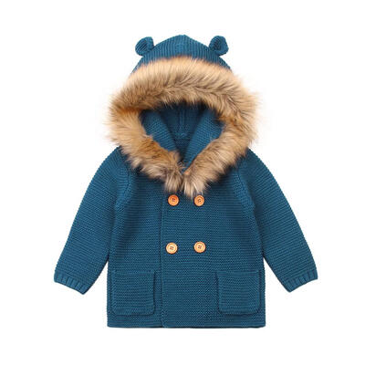 Baby Hooded Knitted Sweaters Fur Collar Double-breasted Cartoon Ears Coat