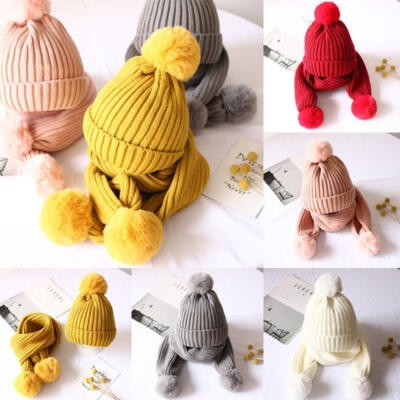 

2pcs Boys Girls Cap&Scarf Set Crochet Knit Warm Hat Pure Color Fluffy Ball Scarf