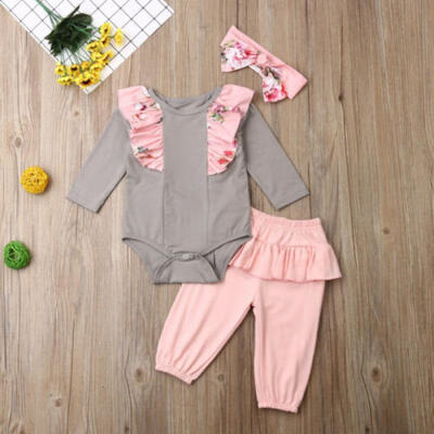 

Newborn Baby Girl Autumn Clothes Ruffle Romper TopsLong Pants 3PCS Outfits Set