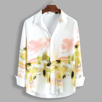 

Toponeto Mens Loose Elegant Flowers Printed Lump Chest Long Sleeve Round Hem Shirts Tops