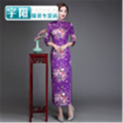 

Silk sleeves long cheongsam slim performance catwalk welcome ceremonial cheongsam dress large size retro