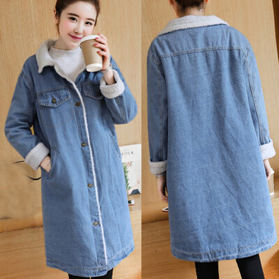 

Tailored Fashion Women Jeans Top Denim Blouse Lapel Thick Long Sleeve Loose Coat