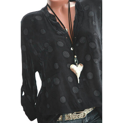 

Nomeni Women Plus Size Print Long Sleeve Polka Dot Button Blouse Pullover Tops Shirt