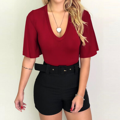 

Nomeni Women Casual Blouse V-neckline Solid Shirt Short Flare Sleeve T-shirt Tops