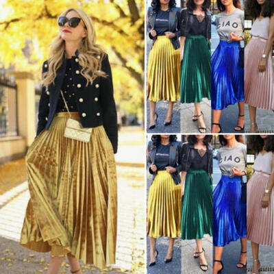 

US Women High Waist Elastic Waist Long Maxi Casual Pleated Skirt Swing Dress
