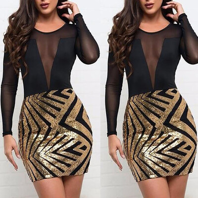 

〖Follure〗Women Sexy Sequined Stitching Shining Club Long Sleeve Sling Mini Dress