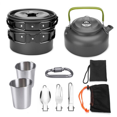 

Camping Portable Aluminum Alloy Cooking Pot Frying Pan Spoon Fork Cookware Set