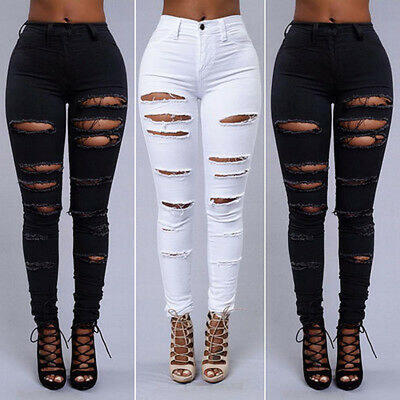 

Women Denim Skinny Ripped Pants High Waist Stretch Jeans Long Pencil Trousers AU