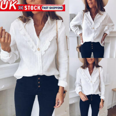 

UK STOCK Womens White V-Neck Long Sleeve Loose Tops Casual Plain T-Shirt Blouse