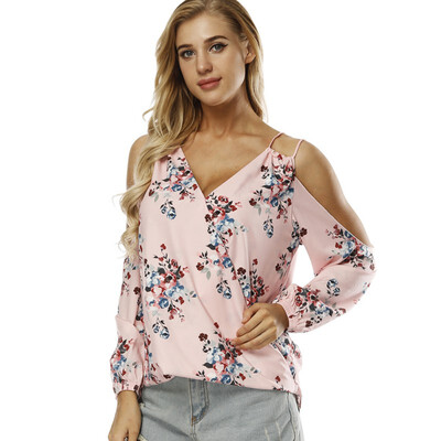 

2018 Spring Multi-color Shirts Women blouse v neck Double Straps Cold Shoulder Chiffon Blouse Women Casual Loose Beach Tops