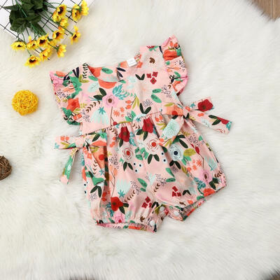 

Newborn Infant Baby Girls Colorful Flower Romper Ruffles Sleeveless Floral Printed Bowknot Jumpsuits Summer Clothes Pink