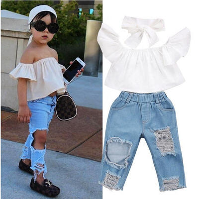 

Fashion Toddler Kids Girls Off Shoulder Ruffle Vest Tops Ripped Denim Pants Jeans Headbands Outfits Clothes